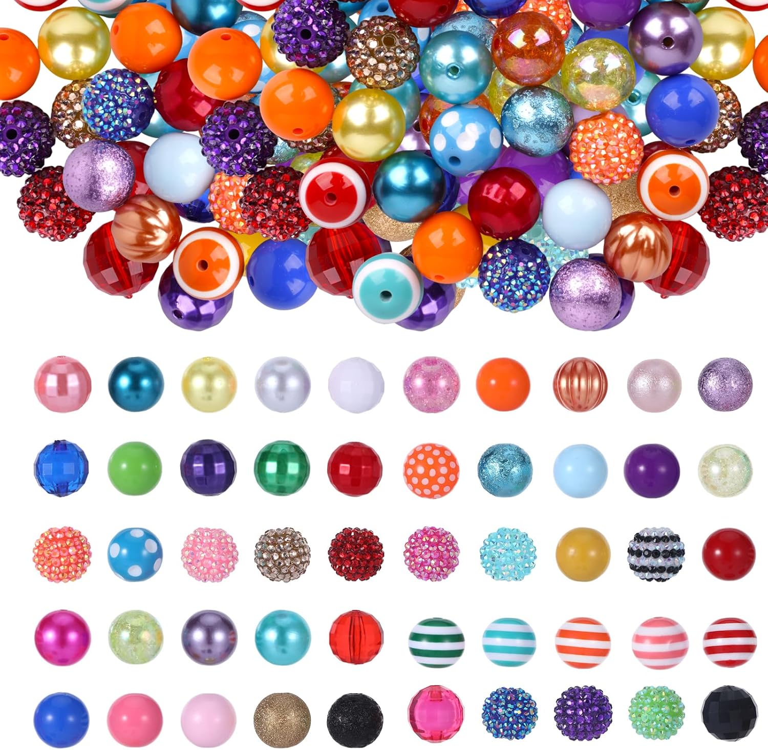 100pcs 20mm Beads for Crafts and Beadable Pens, Acrylic Beads Bulk for Keychain Making, Bright Resin Chunky Balls with Strings and Clasps for Pen Making Kit DIY Supplies (Colorful)