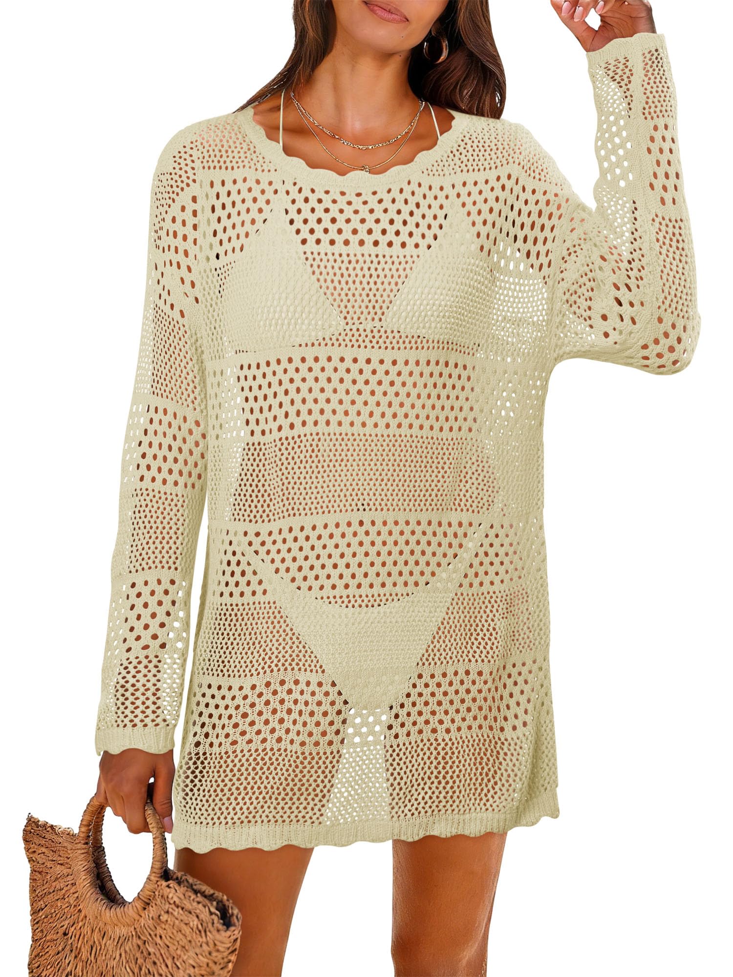 onlypuff Women Swimsuit Crochet Swim Cover Up Bathing Suit Swimwear Summer Mesh Knit Beach Dress Vacation Outfits