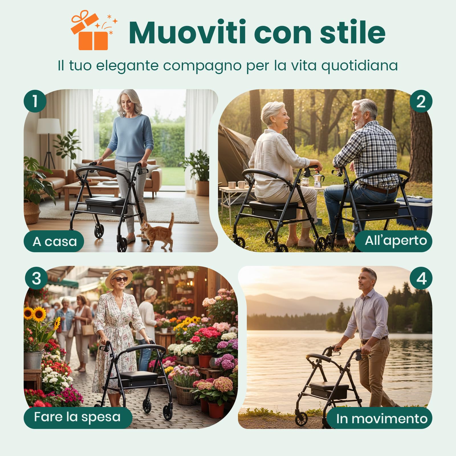 Deambulatore Rollator con Sedile e Spazio di Stoccaggio – Ausilio di Camminata Leggero e Pieghevole a 4 Ruote per Anziani e Disabili, Uso Interno ed Esterno, Nero