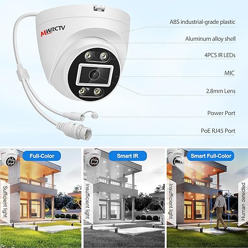 Miniatura 4 de Sistema de cámara de seguridad PoE de audio de 2 vías, 4 cámaras IP domo con cable de 4MP para seguridad del hogar, lente gran angular de 110°, luz