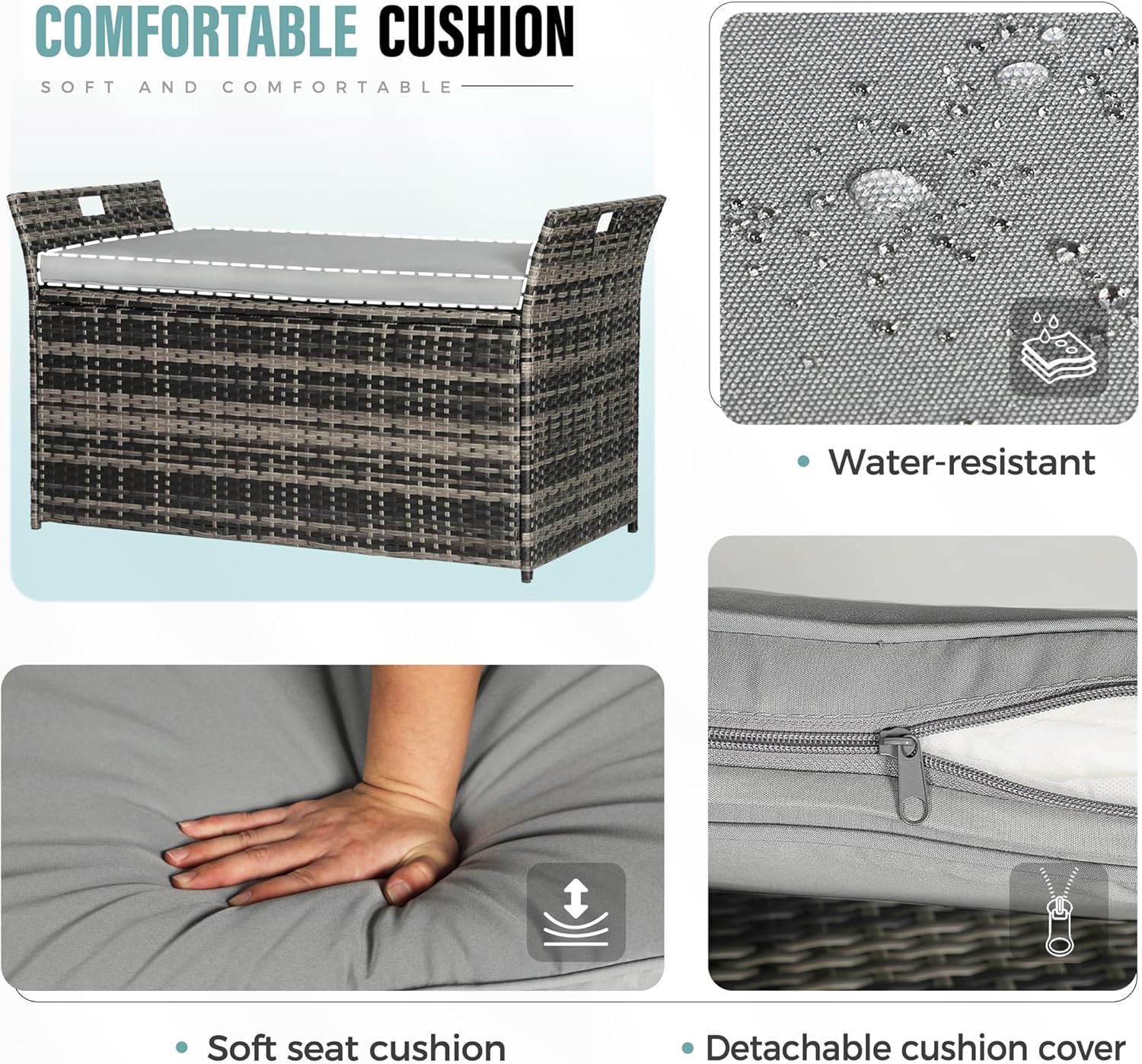 Crownland 80 Gallon Outdoor Storage Bench with Cushion, Outdoor Wicker Storage Box, Patio Deck Box with Seat, for Garden, Balcony, Poolside (Grey)