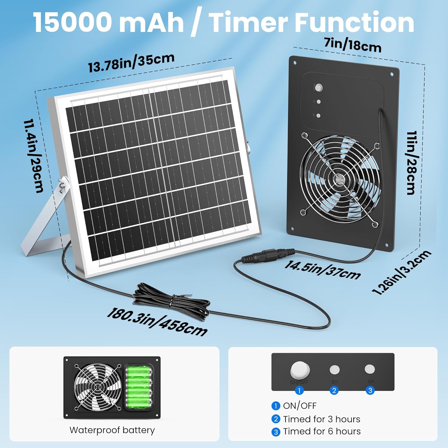Solar Powered Fan with Battery & Timer