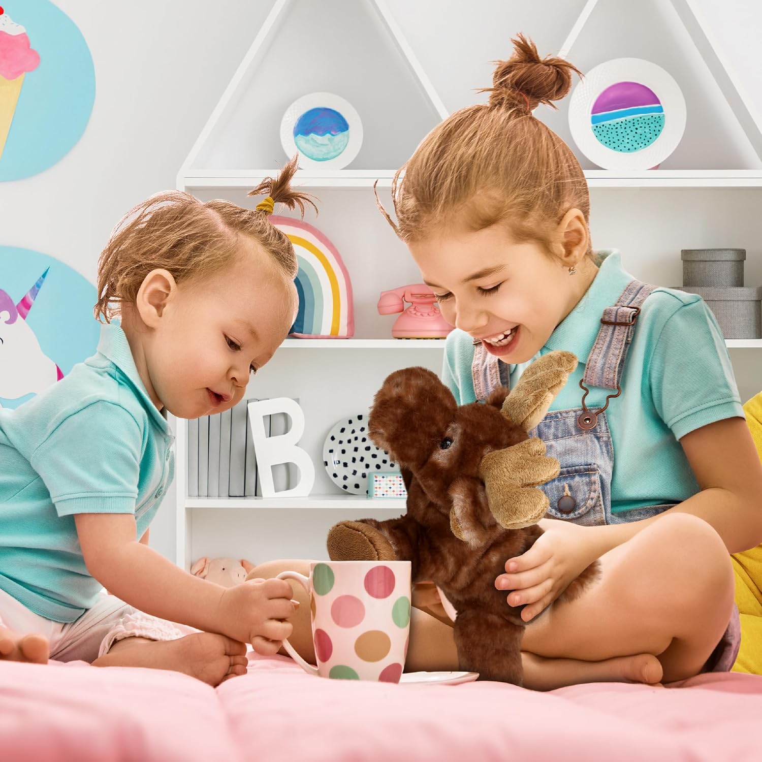 DolliBu Brown Laying Moose Plush - Soft Plush Huggable Moose Toy, Adorable Wild Life Cuddle Gifts for Kids & Adults - 9.5 Inch