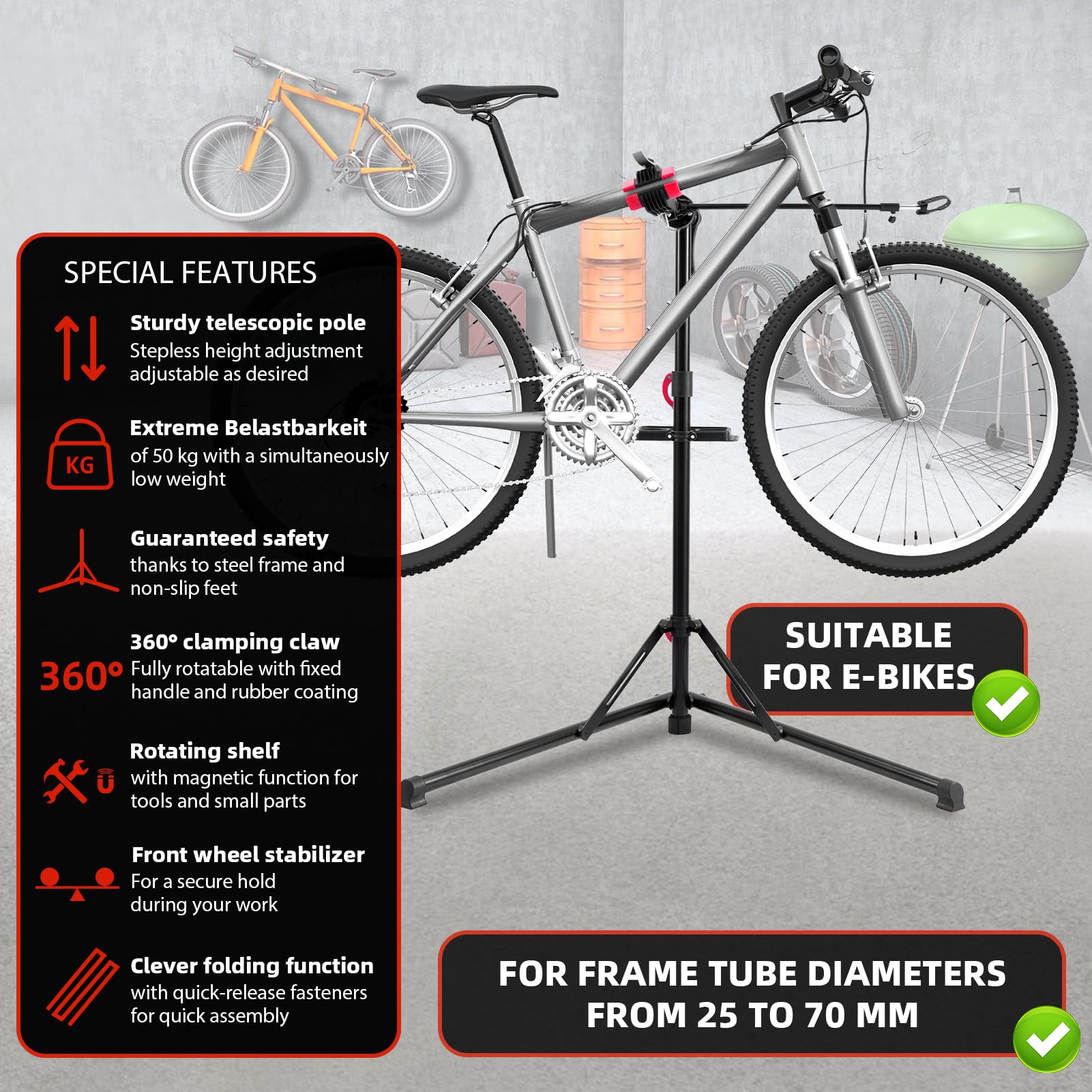 Regolabile Altezza Cavalletto Bici Manutenzione, Massima 50kg,360° Braccio | Pieghevole Cavalletto Manutenzione Bici con Vassoio Portautensili Magnetico e Barra Stabilizzatrice