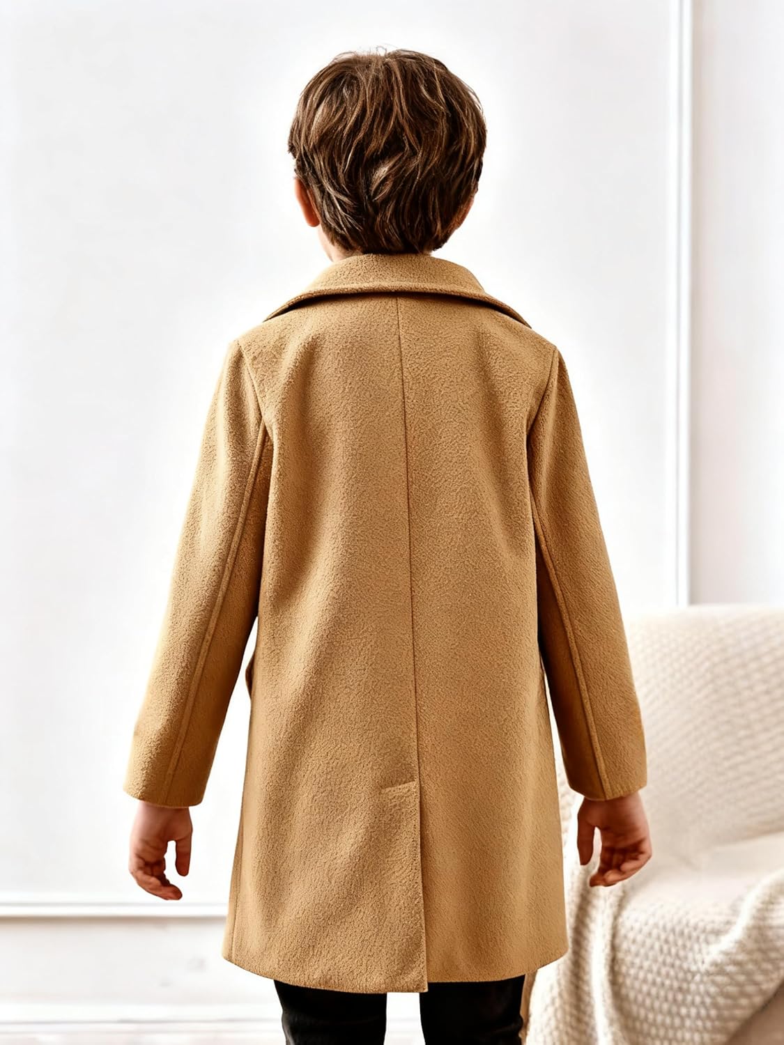 Boy's Double Breasted Mid Long Trench Coat Casual Notch Lapel Long Jacket Peacoat Dresscoat Wool Blend Winter