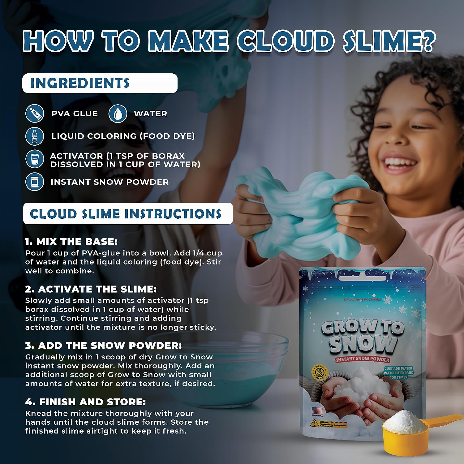 Grow to Snow Instant Snow Powder: Artificial Fake Snow for Sensory Play | Realistic Snowflakes for Cloud Slime & Winter Holiday Decorations (20 gallons of Snow)