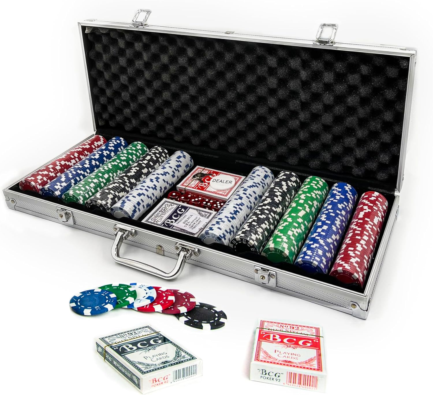 Tradeopia 500 Poker Chips Set with Aluminum Case, Includes 1 Dealer Chip, 2 Deck of Cards, 5 Red Dice, Texas Holdem Poker Set