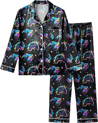 Fiodrimy Boys Pajamas Silky Satin Big Boys PJs Set 2 Piece Sleepwear Button Down Game Kids Jammies Loungewear Clothes Size 8