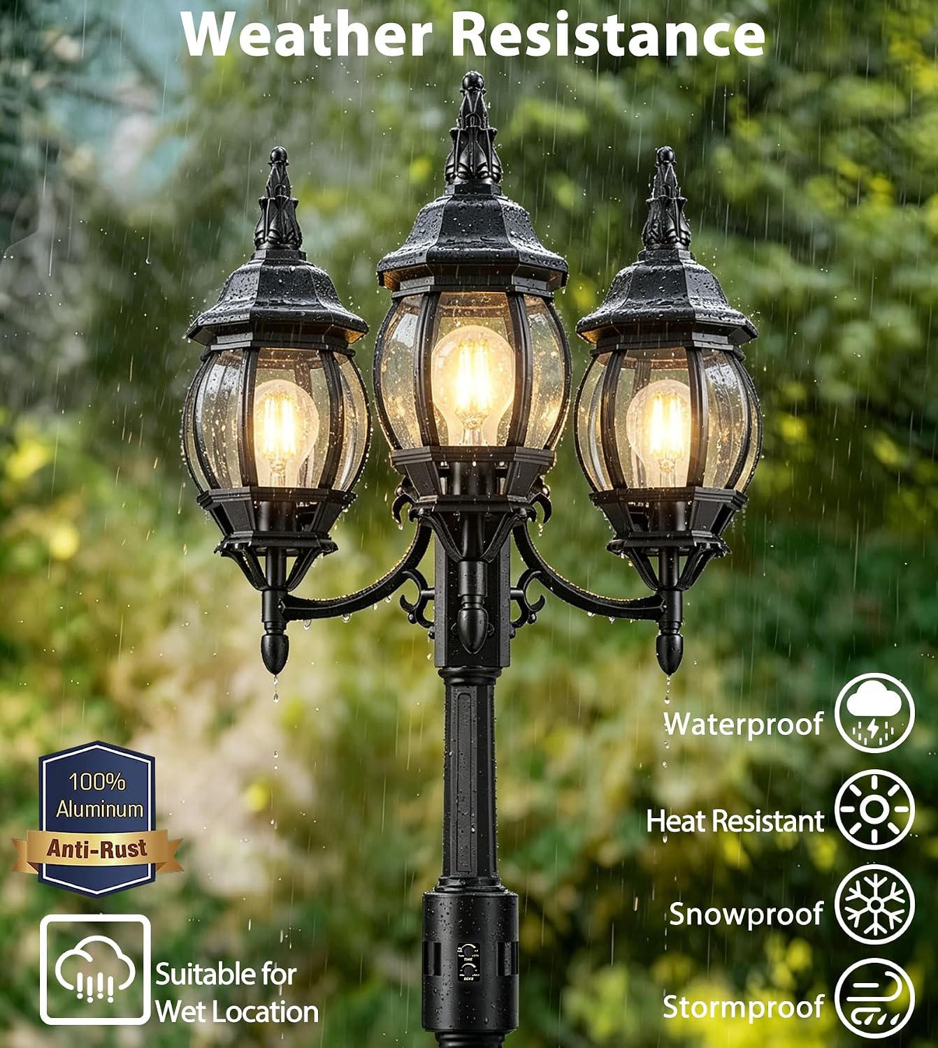 Redluck 3-Head Motion Sensor Outdoor Post Lights, Dusk to Dawn Lamp Post | Cast Aluminum Anti-Rust, 360° Motion Activated, Waterproof, 97.6in Classic Pole Lighting for Yard, Driveway, Hard Wired