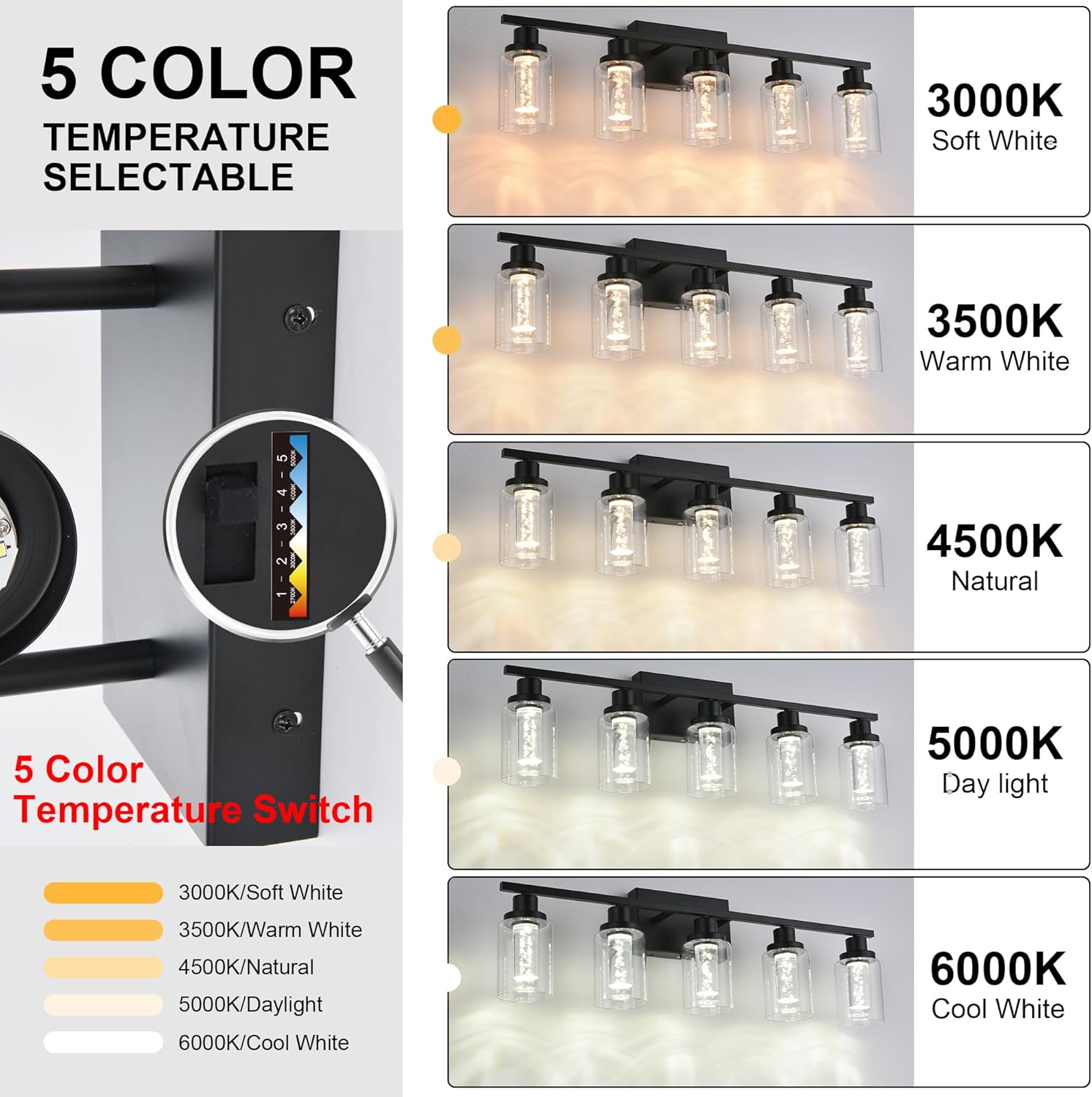 MELUCEE 4-Light LED Bathroom Lighting Fixtures Over Mirror, Dimmable LED Vanity Light for Bathroom 3000K-6000K Black Bath Wall Lights with Crystal Bubble Clear Glass Shade, Built-in LED Chips