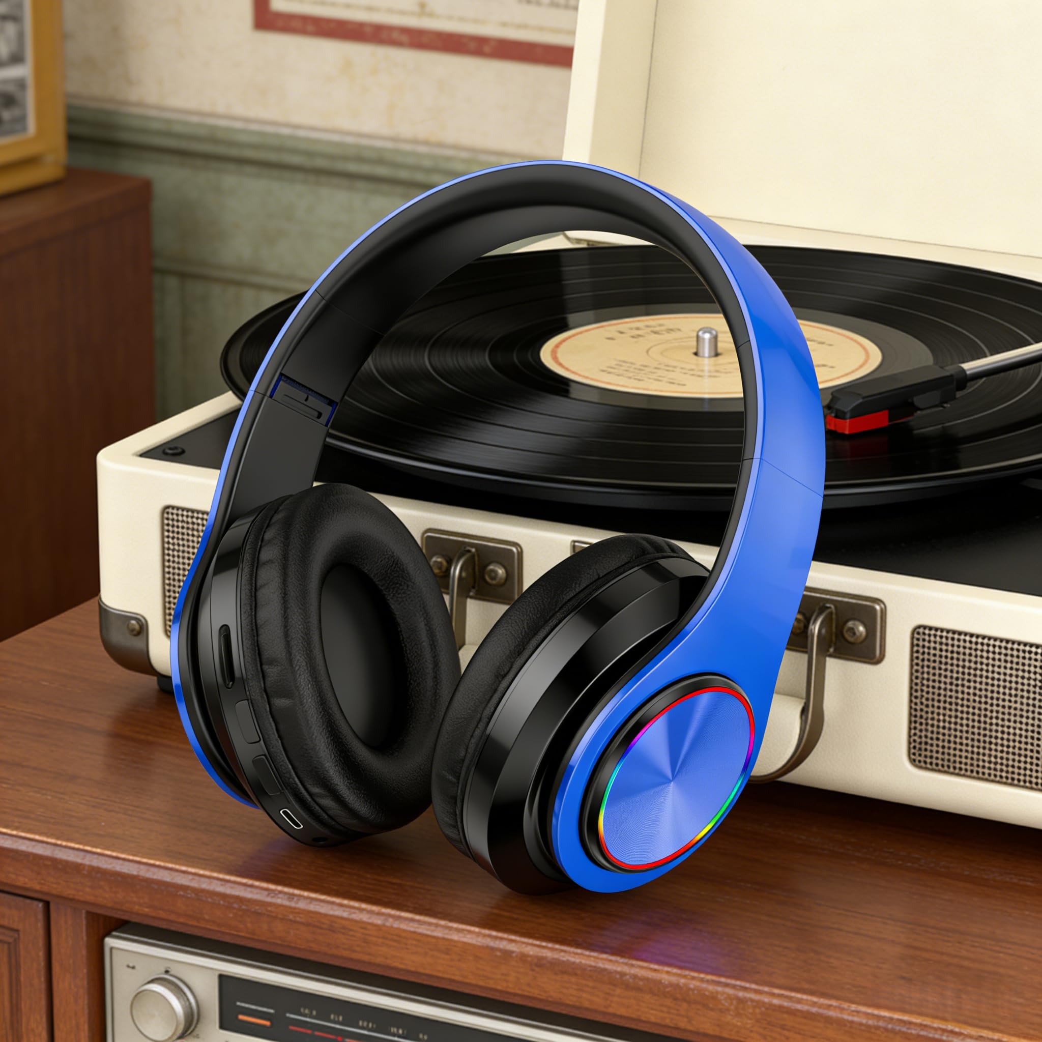 Cuffie wireless Bluetooth con luci colorate, grande capacità della batteria, pieghevoli, Bluetooth 5.0, portata 10 m, stereo surround, microfono integrato, comode orecchie fissate (blu)