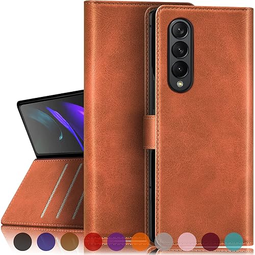 SUANPOT for Galaxy Z Fold 3 5G with RFID Blocking Wallet case Credit Card Holder,Flip Book PU Leather Phone case Shockproof Cover Cellphone Women Men for Samsung Z Fold 3 case Wallet Light Brown