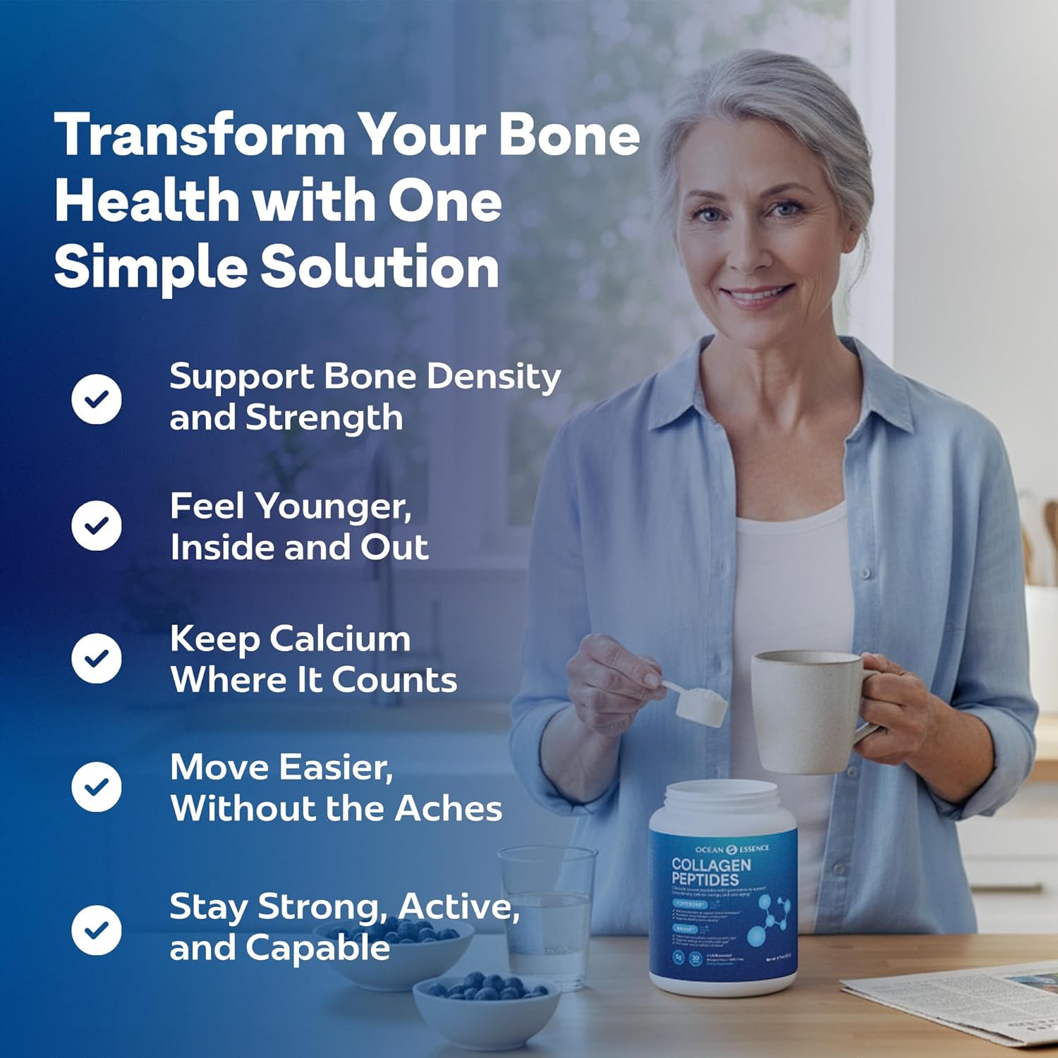 OCEAN ESSENCE Collagen Peptides for Bone Health with Fortibone, Vitamin K2 & Miricell – Bone Density Support, Healthy Aging, Easy-Dissolve Collagen Powder for Adults, Unflavored, Made in USA