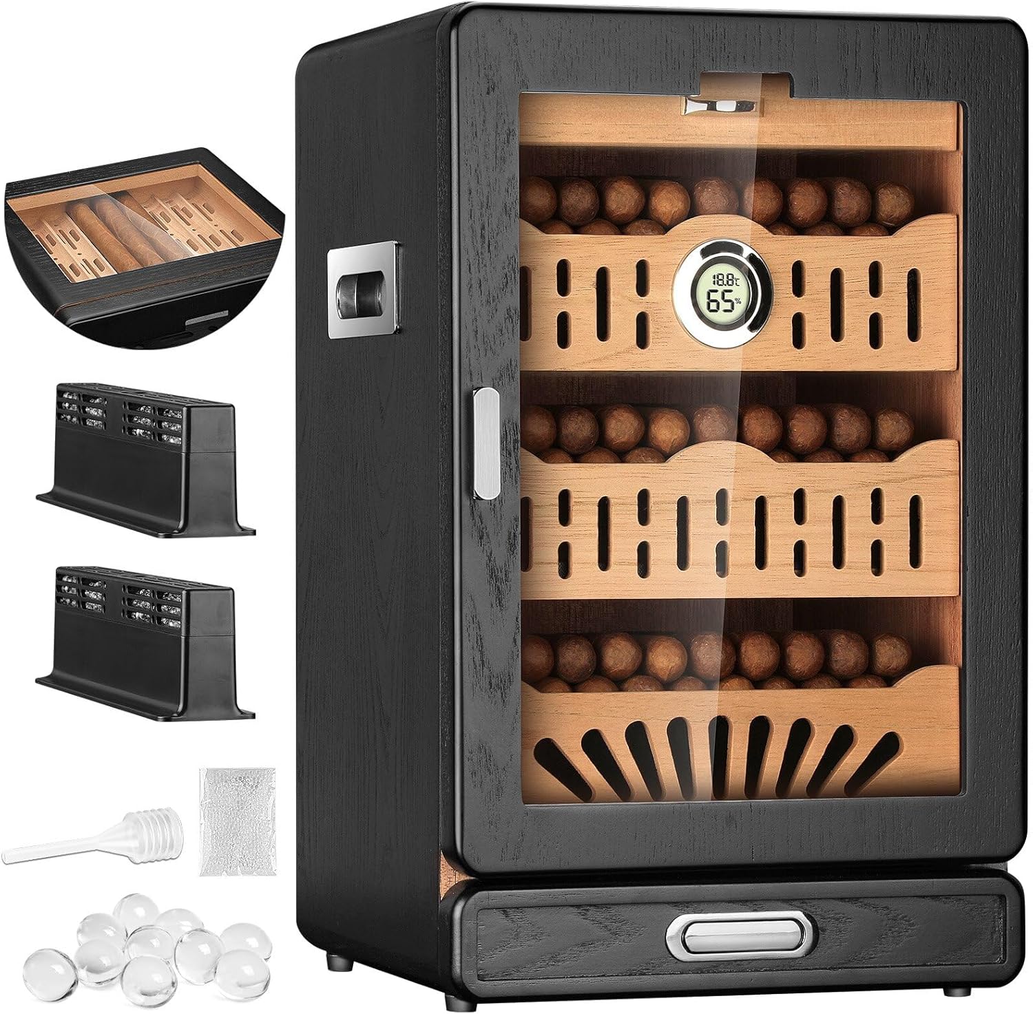 Cigar Humidor, Glass top Tabletop Cigar Humidor Cabinet Draw Pattern Spanish Cedar Tray, Accessories Drawer, 2 Standing Gel Humidifiers?1 Digital Hygrometer, for Men?Black?