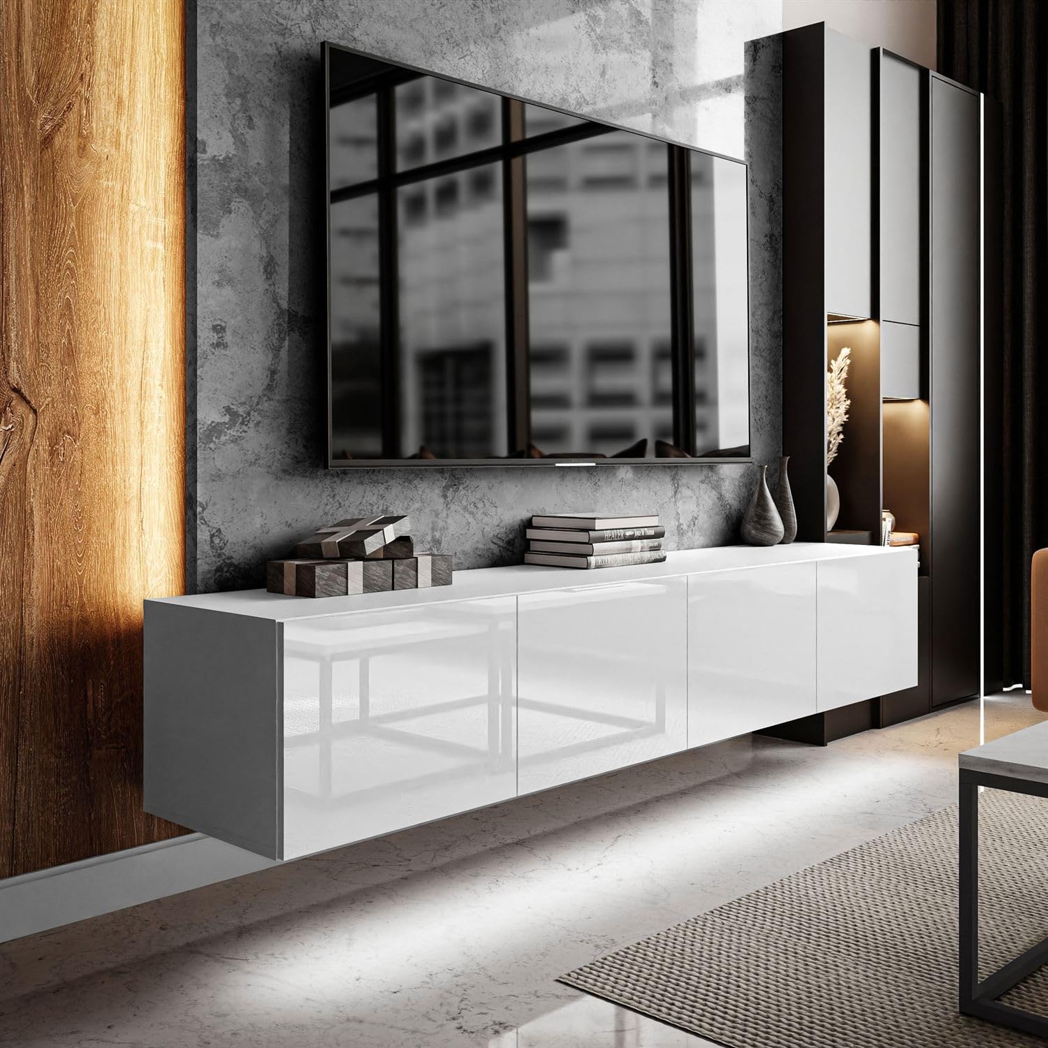 Lookway COLGANTE 200 cm TV-Schrank in Blanc Hochglanz – Hängende TV-Konsole mit optionaler LED-Beleuchtung (ohne LED Beleuchtung)