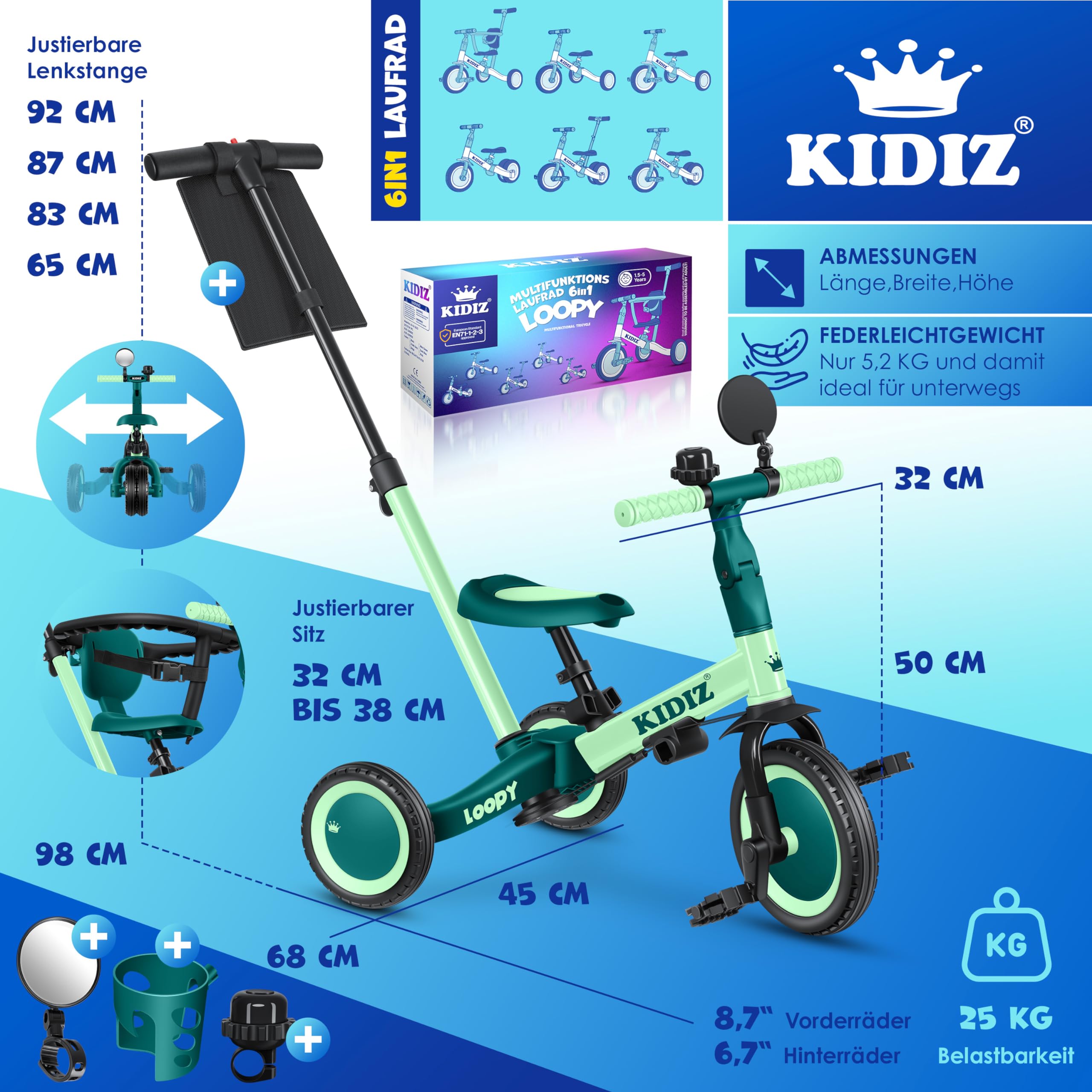 KIDIZ® 6en1 Bicicleta de Balance, Triciclo para niños de 1 año a 5 Años, Capacidad de Carga hasta 25kg, Incl. Manillar/Barra de Seguridad/Cinturón de Seguridad/Timbre/Espejo
