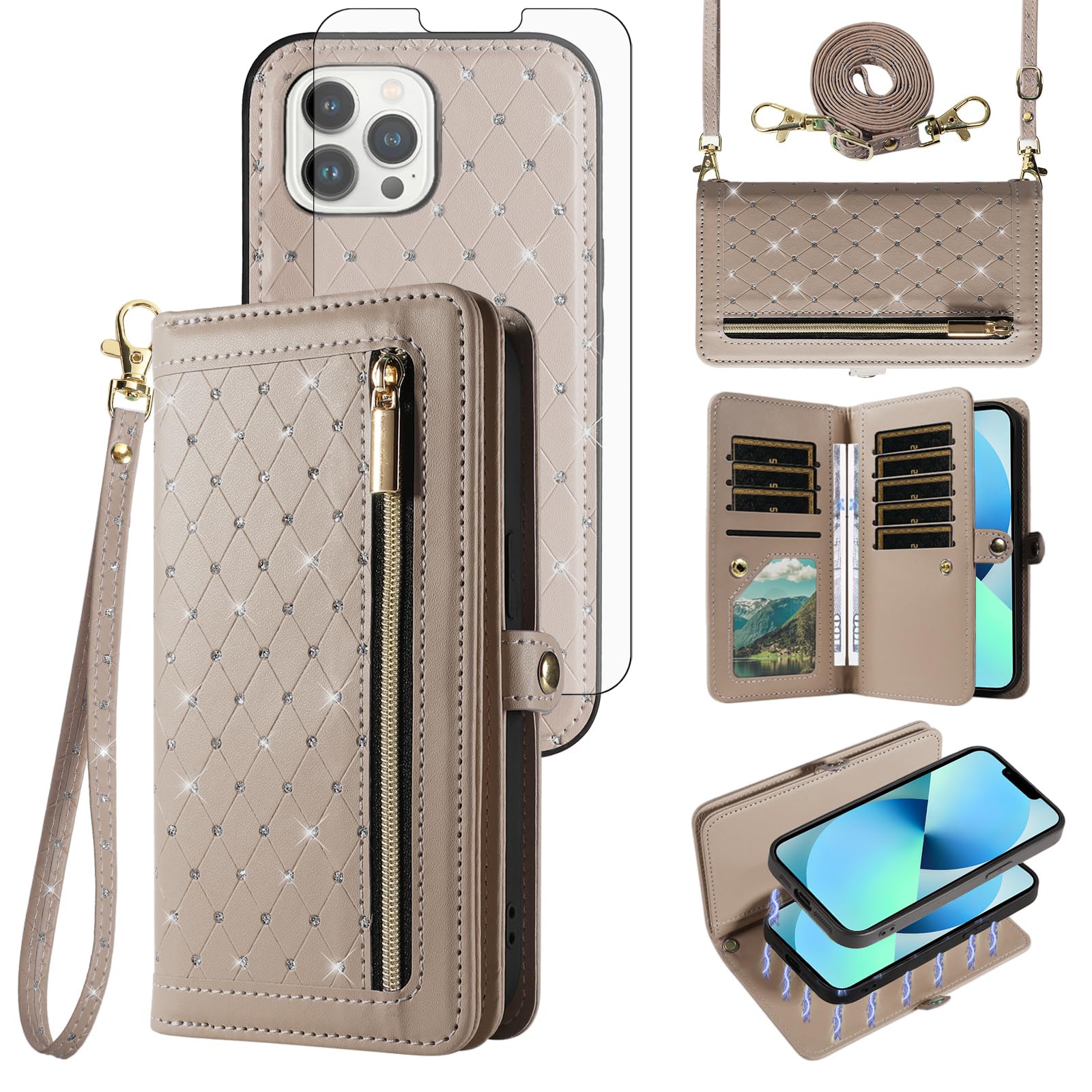 Funda para iPhone 13 Pro Max 2021 con cremallera, funda magnética desmontable con protector de pantalla, correa de cordón cruzada, con purpurina, para iPhone 13promax 5G i Phone13Max Plus, para mujer