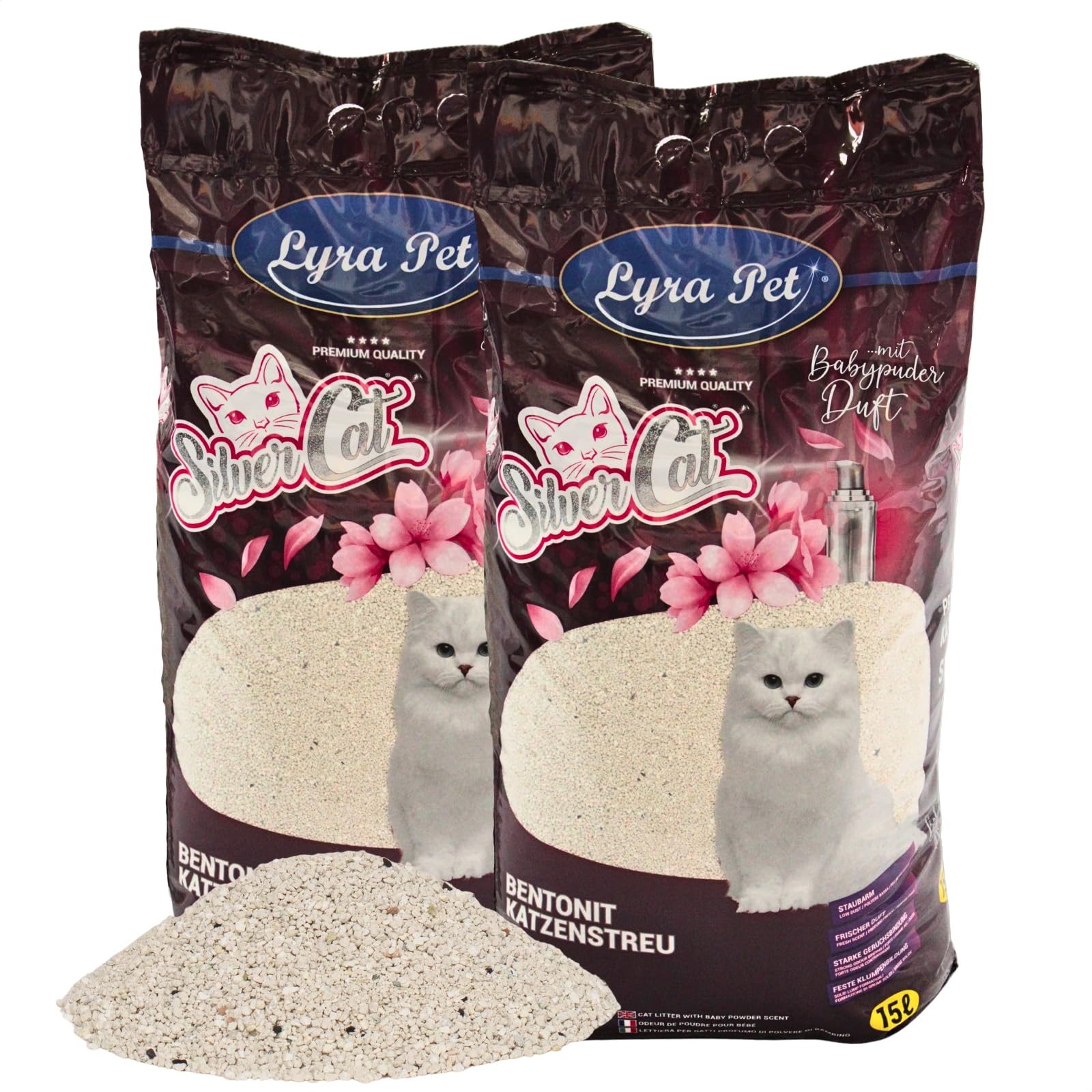 Lyra Pet® | 30 Liter Silver Cat Katzenstreu mit Aktivkohle | Duftet nach Babypuder | Feuchtigkeit Wird Absorbiert | Naturprodukt aus Bentonit | Sparsam durch Klümpchenbildung | Staubarm | Klumpstreu