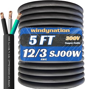 5 Feet 12/3 SJOOW Cable Cord 12 AWG 3 Conductor SO Wire - 12 Gauge 3 Conductor 12/3 Wire 300V Portable Power Extension Cable for Motor Leads, Portable Lights, Battery Chargers