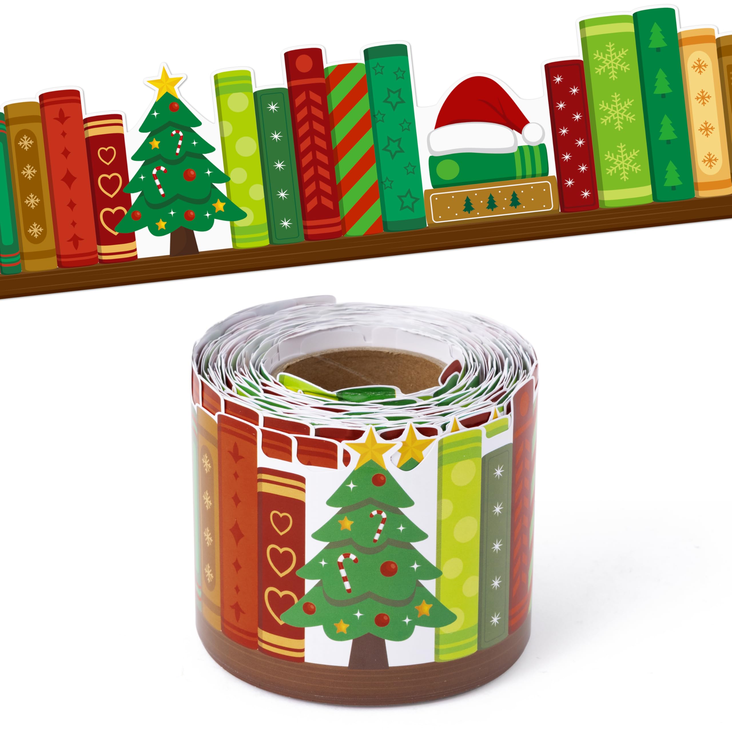 BeYumi Christmas Bookshelf Border Trim - 65ft Christmas Books Rolled Border Trim Xmas Tree Santa's Hat Bookshelf Bulletin Board Set Library Classroom Office Chalkboard Home Door Wall Party Decoration