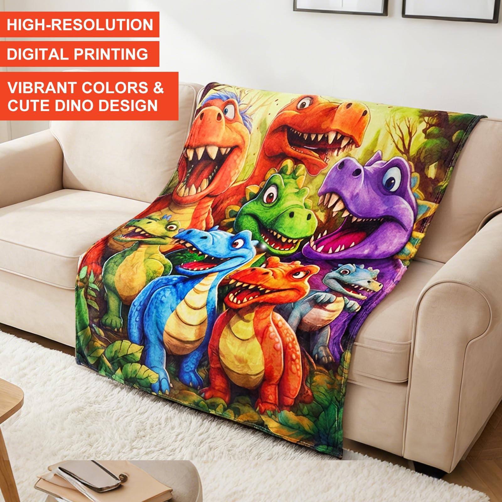 Koc Dinozaur Dziecięcy 150x130 cm – Miękki Koc Polarowy Flanelowy z Uroczym Motywem Dinozaura, Koc Dziecięcy na Kanapę, Łóżko, Sypialnię, Narzuta Dino, Prezent