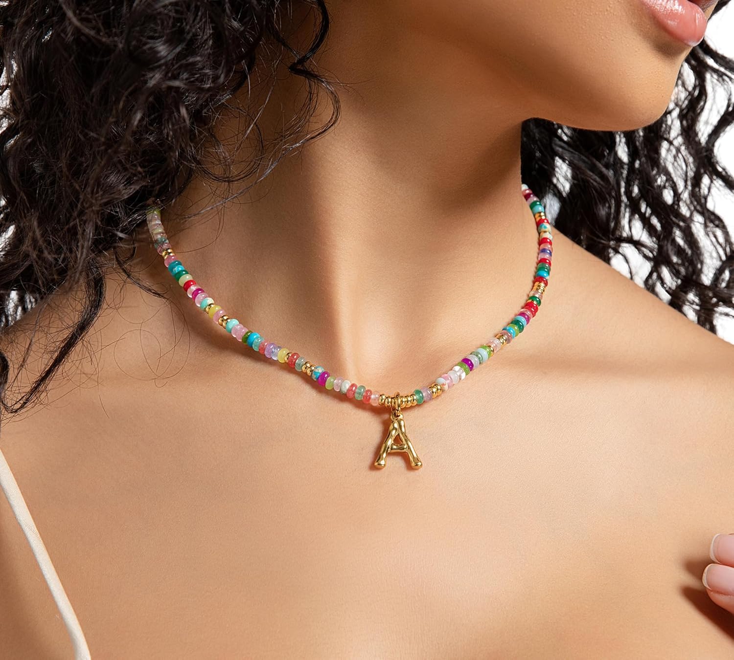 YOUFENG Initial Letter Necklaces for Women Colorful Beaded Gemstone Choker 14K Gold Plated Bamboo Letter Pendant Necklace Natural Stone Handmade Jewelry Gift - Image 7