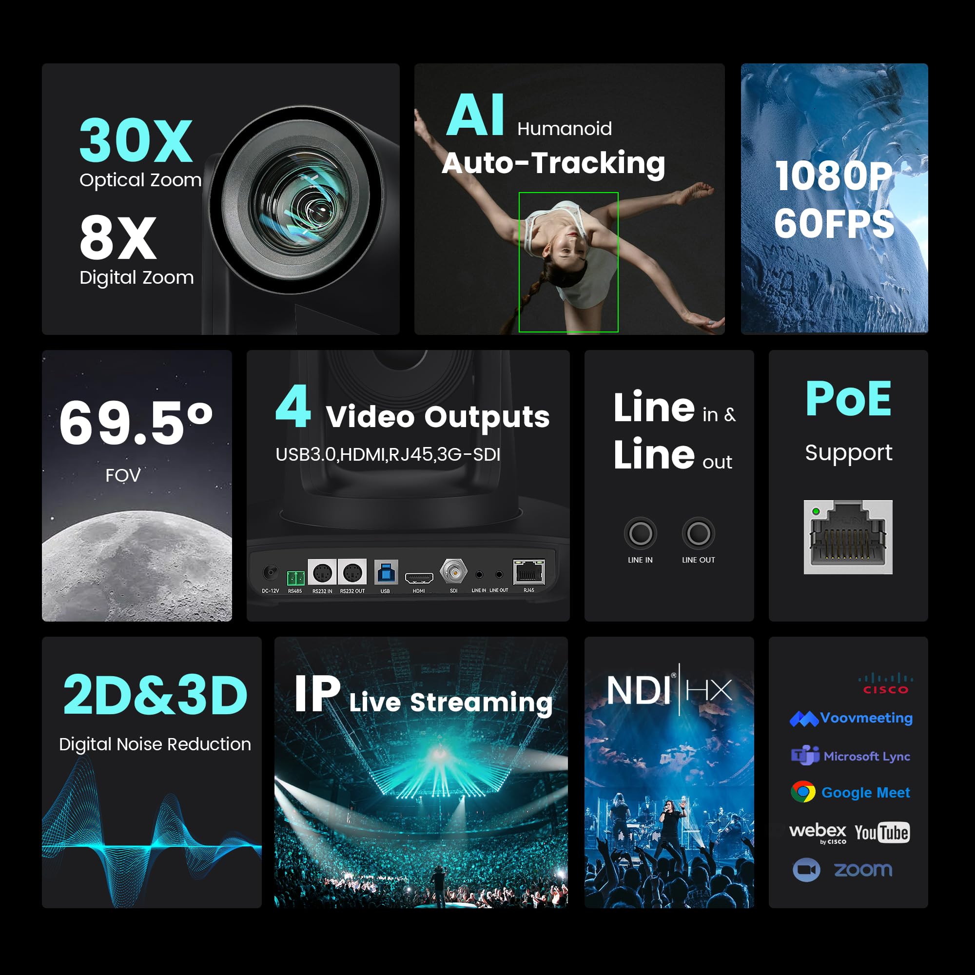 NDI AI PTZ Kamera 30X Optischer Zoom mit USB/HDMI/3G-SDI/RJ45 IP Live-Streaming Kamera KI-Auto-Tracking Camera PoE 1080P 60FPS für Kirche Gottesdienst Bildung Sport Events vMix OBS YouTube