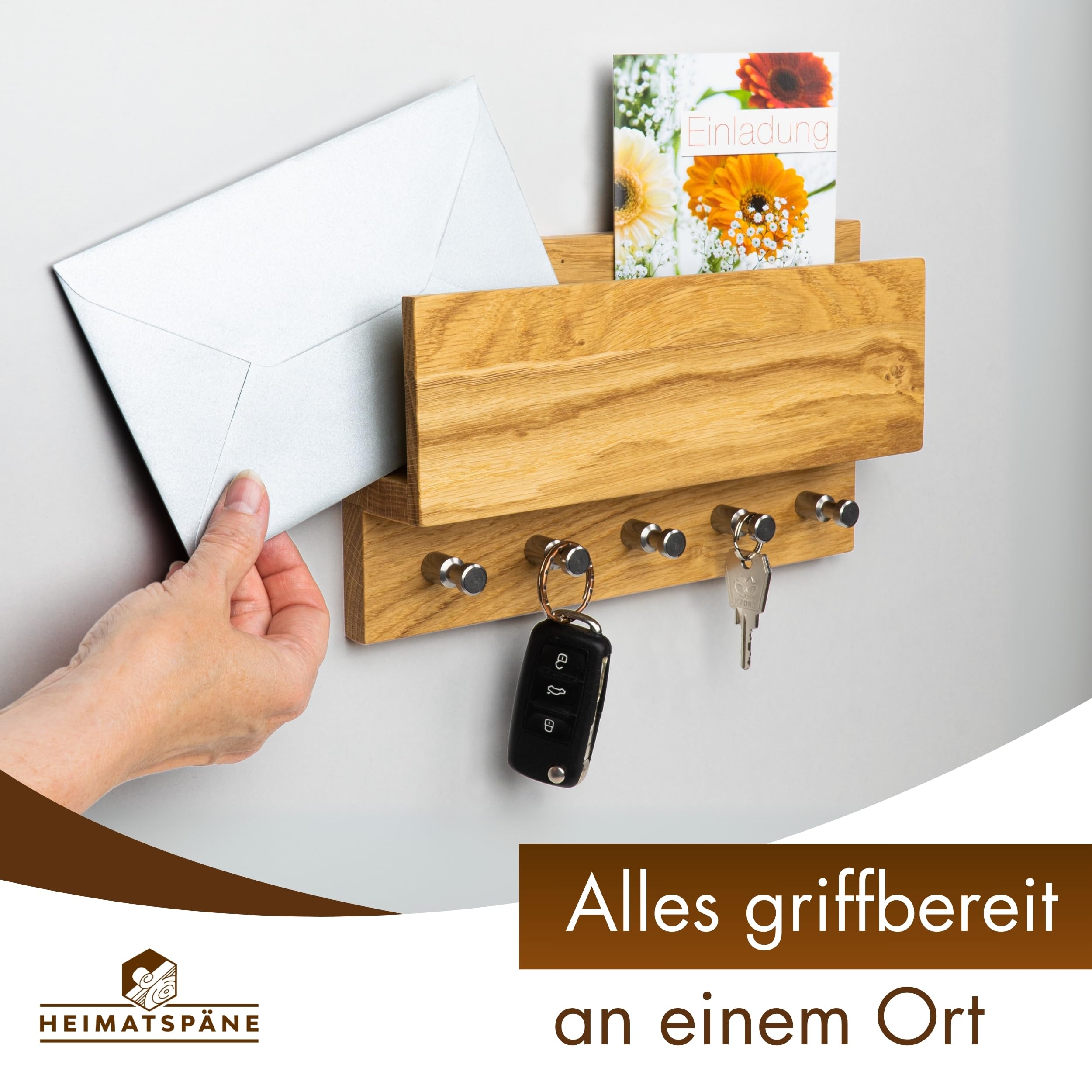 Heimatspäne Schlüsselbrett Holz – Hochwertige Edelstahlhaken und echtes Eichenholz – handgemachtes Schlüsselbrett aus Holz mit Ablage