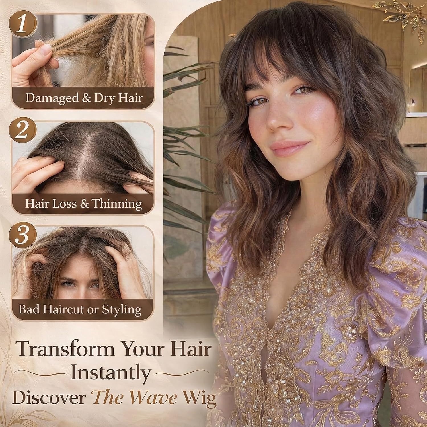 Short Wavy Bob Wig with Bangs for Women, Shoulder Length Synthetic Wig, Brown with Caramel Highlights, Heat Resistant Fiber, Glueless Natural Looking Wig for Daily Wear