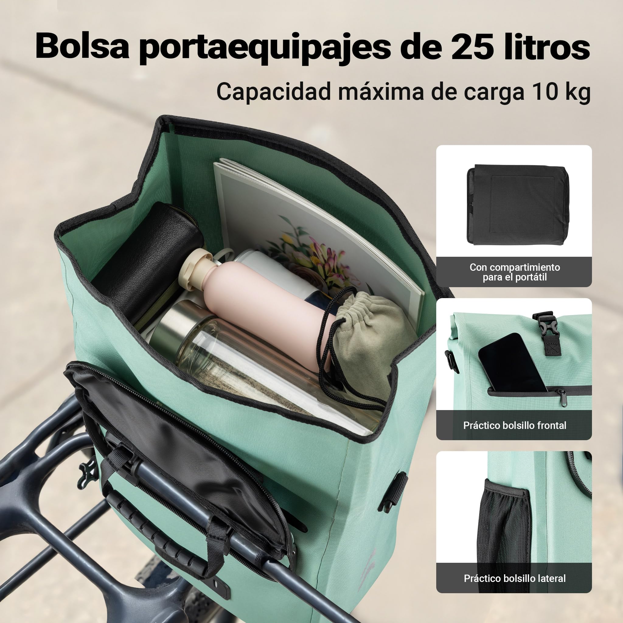 WilTec Bolsa versátil para Bicicletas 25 L Verde Claro Resistente a la Lluvia con Compartimento para portátil fácil instalación en portabultos Ideal para Ciclistas urbanos y excursiones