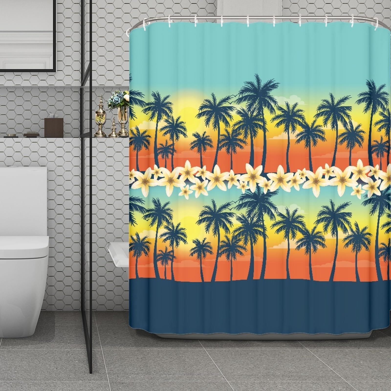 Rideau de douche anti moisissure pour baignoire familiale motif arbre bleu et jaune