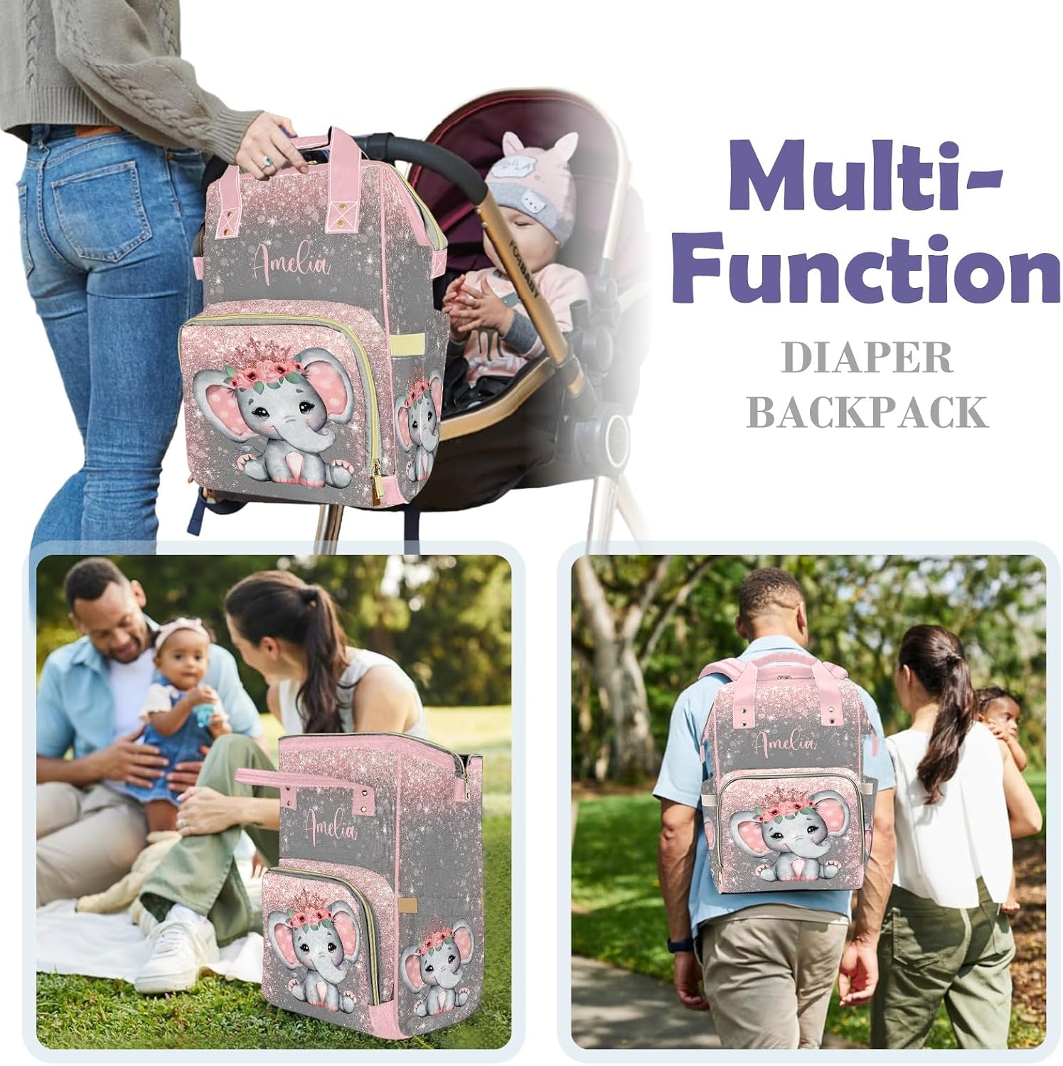 Voltexia Personalized Baby Elephant Diaper Bag with Flowers, Name & Thermal Pockets - Casual Travel Backpack for Baby Girl