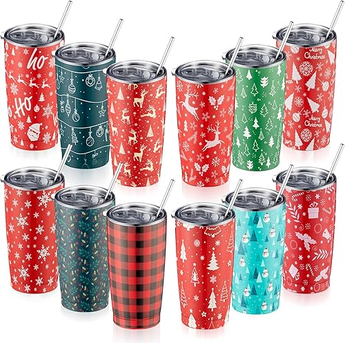 Juego de 12 vasos de Navidad de 20 onzas de acero inoxidable, tazas de viaje divertidas de Navidad con tapa, cepillos para popote para Navidad,