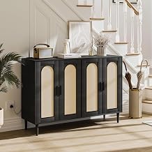 Jojoka Rattan Sideboard Buffet Cabinet with Power Outlet, 47.43" Boho 4-Door Accent Cabinet with Adjustable Shelves, Black Storage Console for Entryway, Dining Room & Living Room