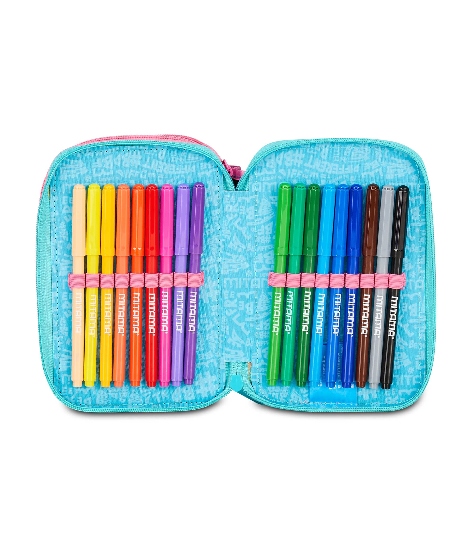 Mitama Astuccio Scuola 3 Scomparti, TRIPLO OCEANVIBES, Contenuto 47 pz, Completo di Matite, Pennarelli, Portapenne Scuola Elementare Bambina