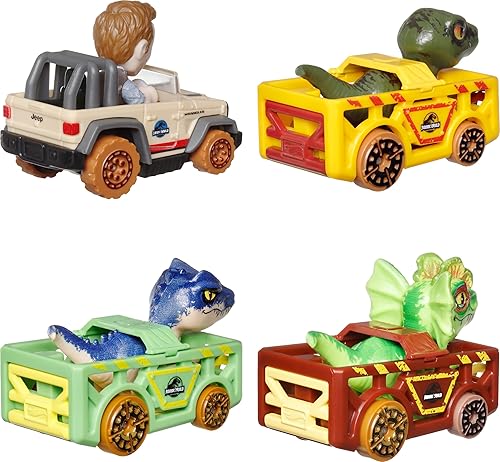 Miniatura 6 de Hot Wheels Coches de juguete, RacerVerse, paquete de 4 vehículos fundidos a presión con personajes de Jurassic World Charlie, Owen, Dilophosaurus y
