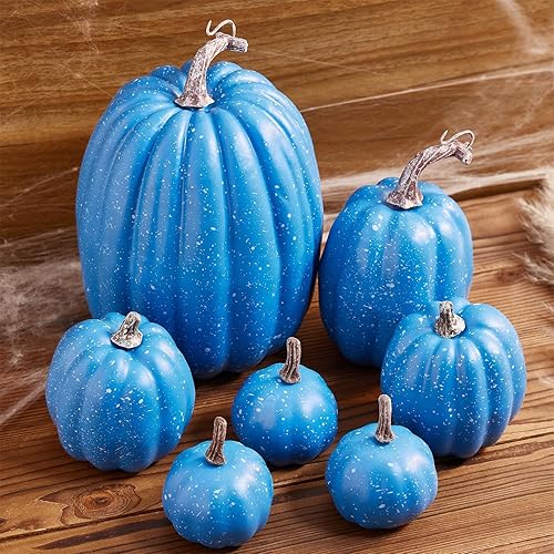 Miniatura 2 de 7 calabazas artificiales, decoración de cosecha de otoño, Acción de GraciasHalloween, vacaciones, decoración de casa de campo para el hogar (azul