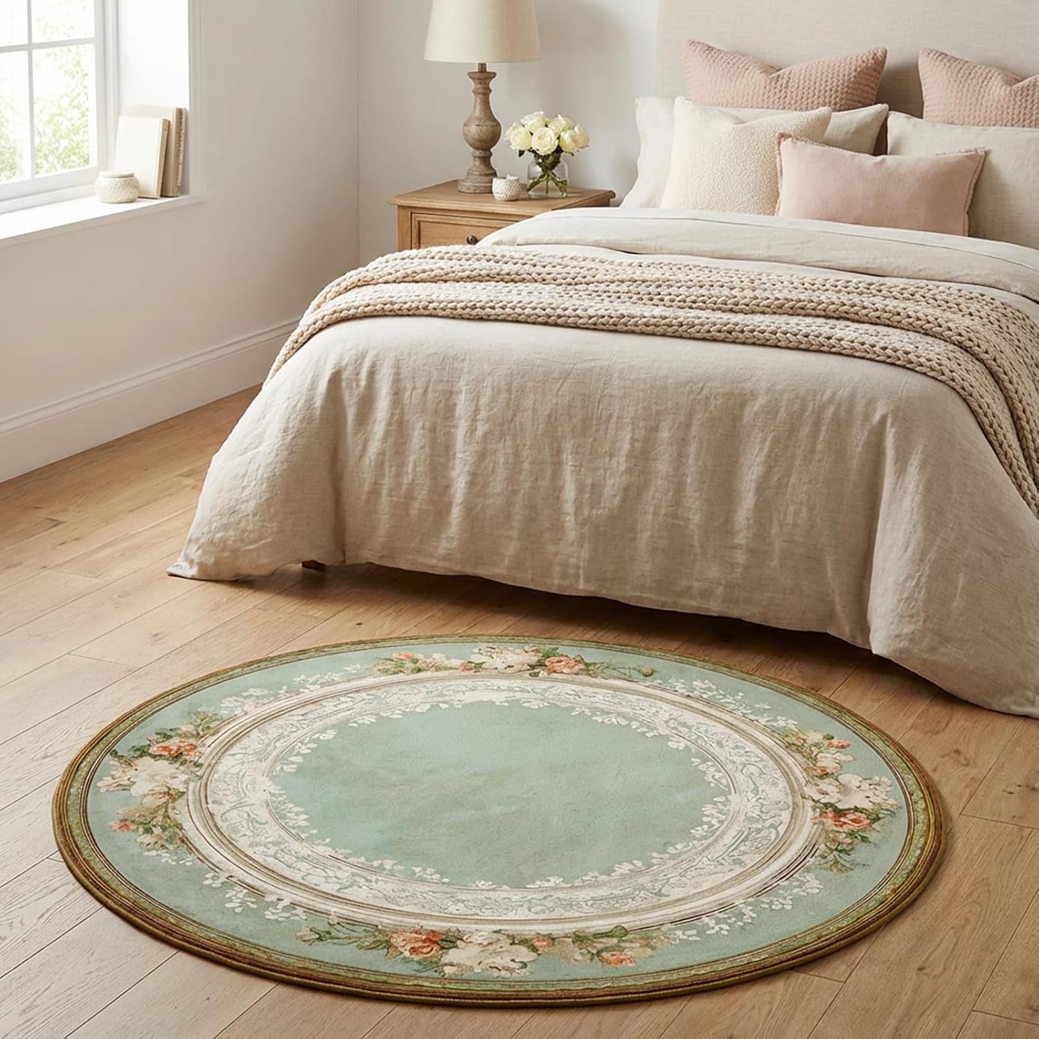 Vintage Floral Round Area Rug Non-Slip Green Circle Rugs for Living Room Bedroom Playroom Decor 6' Diameter