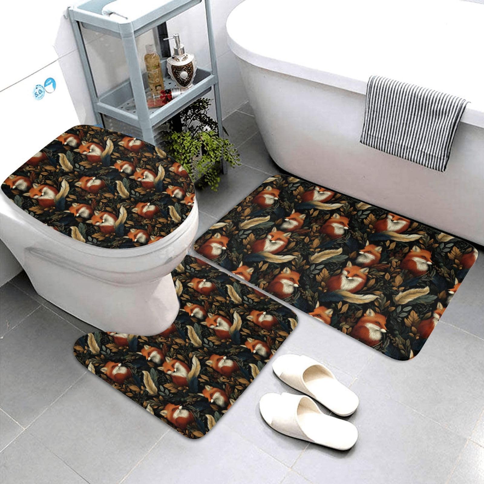 Tapis de bain lavable et tapis de contour doux en U avec housse WC motif renard