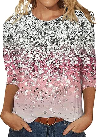 Sequin Tops for Women Sparkly 3/4 Sleeve Crewneck Pullover Tops Party
