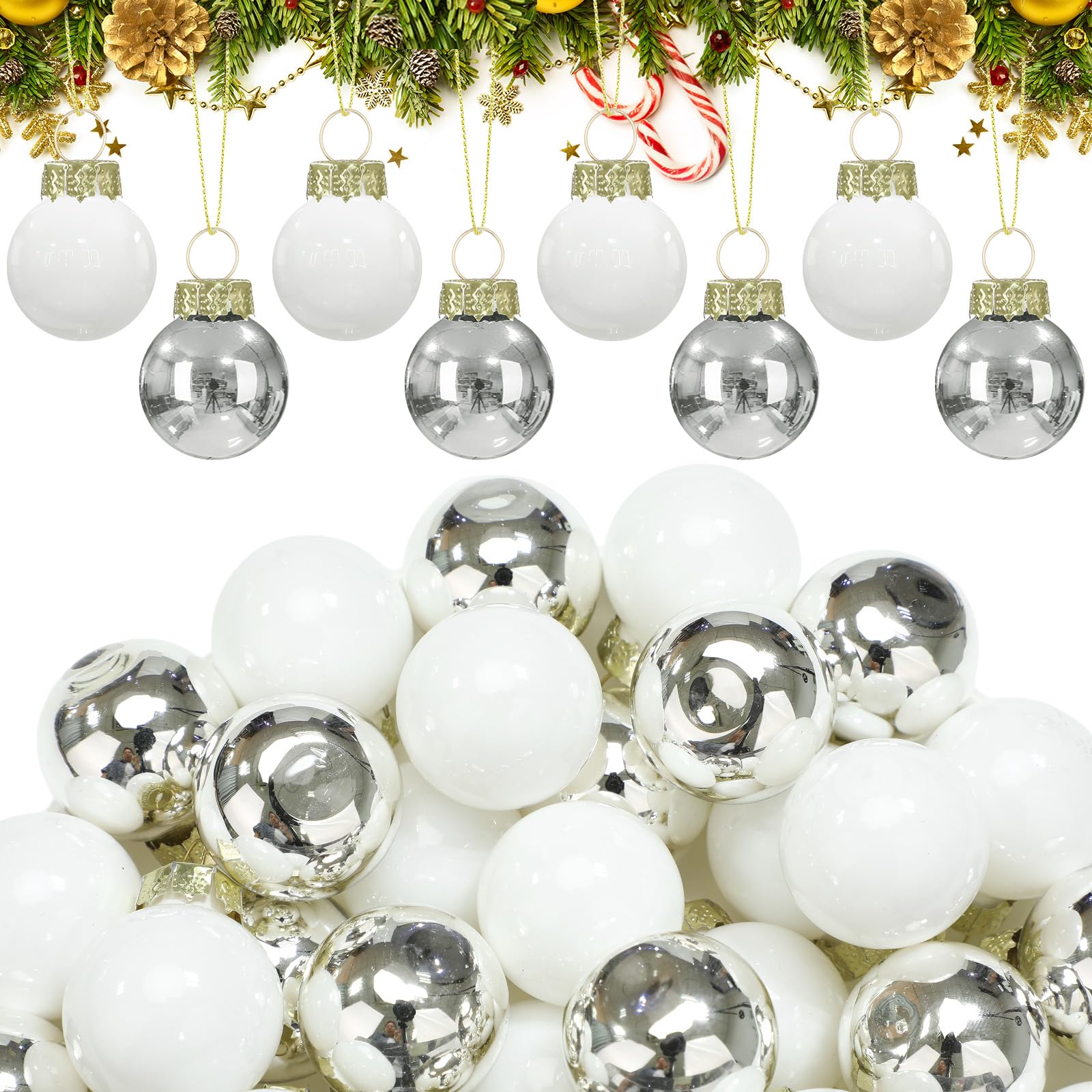 Tioncy 32 Pcs 1'' Mini Glass Christmas Ornament, Small Silver White Balls