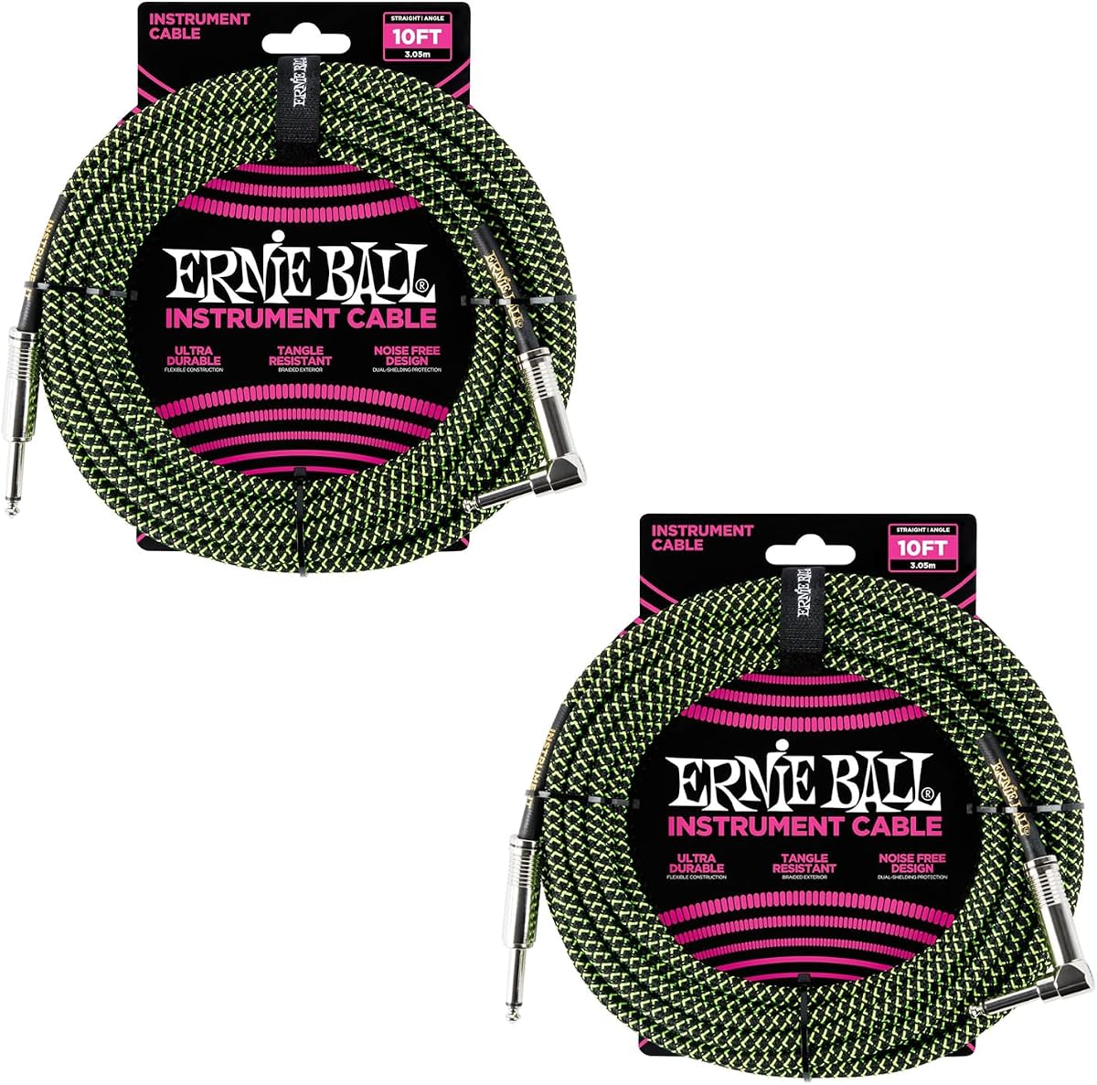 Juego de cables de instrumentos trenzados Ernie Ball rectos/longitud angular 10 pies en verde neón/negro (P06077) - Paquete de 2