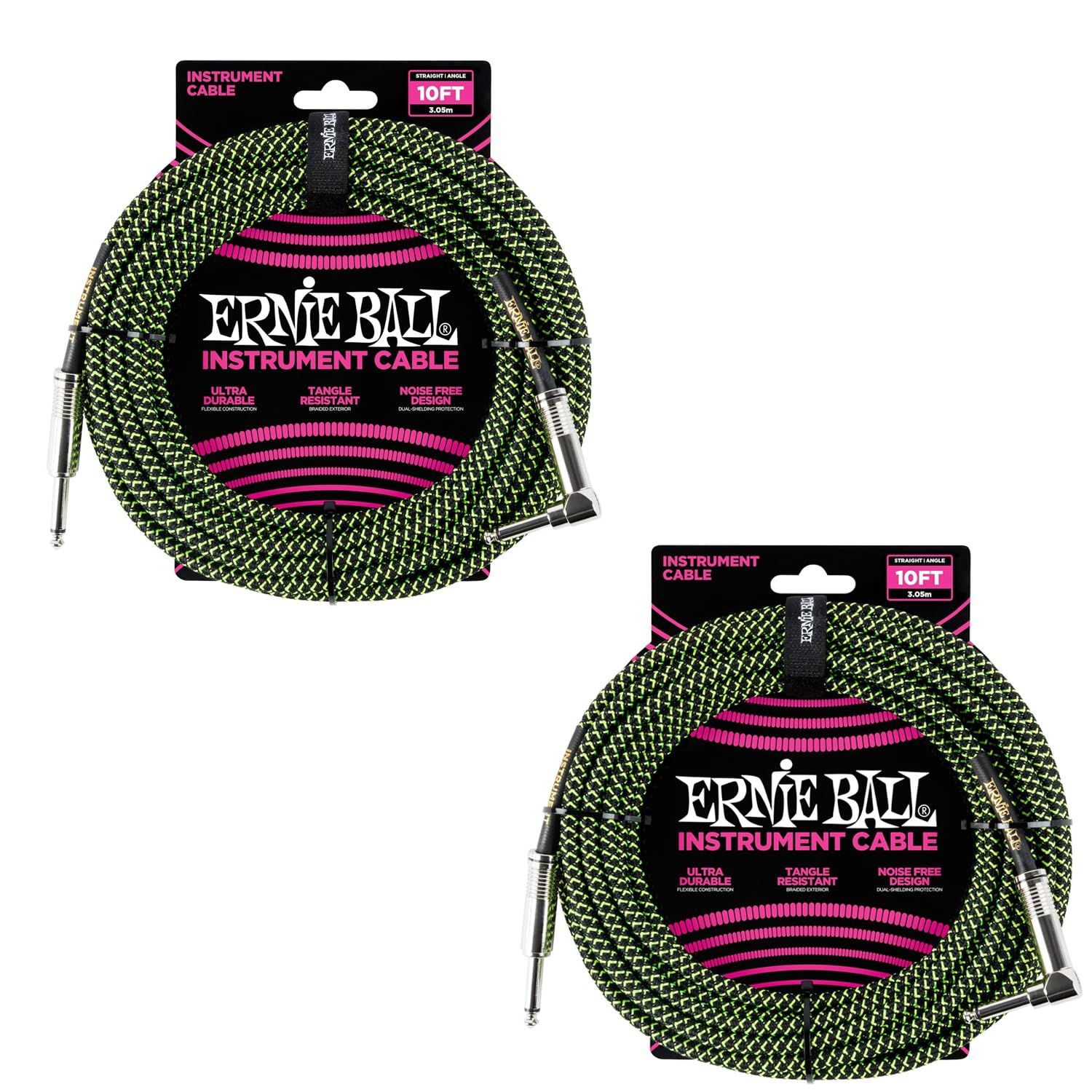Ernie Ball Braided Instrument Cable Set Straight/Angle Lenght 10ft in Neon Green/Black (P06077) - Pack of 2