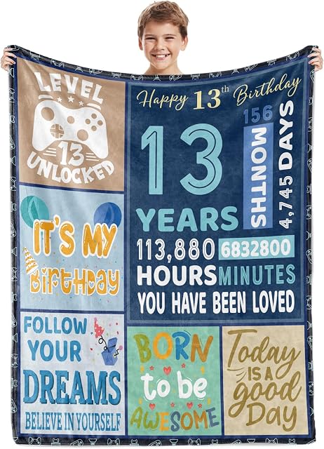 BTZO 13th Birthday Gifts for Boys,Blue Happy 13th Birthday Blanket,13 Year Old Boy Girls Gift Ideas,13th Birthday Decorations Gift Throw Blanket for Teen Son Grandson Nephew 50"x60"