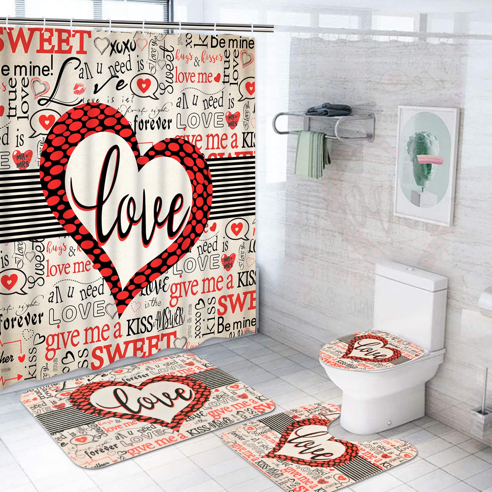 Ikfashoni 4 Pcs Valentine Shower Curtain Set with Non-Slip Rug, Toilet Lid Cover and Bath Mat, Sweet Love Shower Curtain with 12 Hooks, Romantic Valentine's Day Shower Curtain for Bathroom Decor