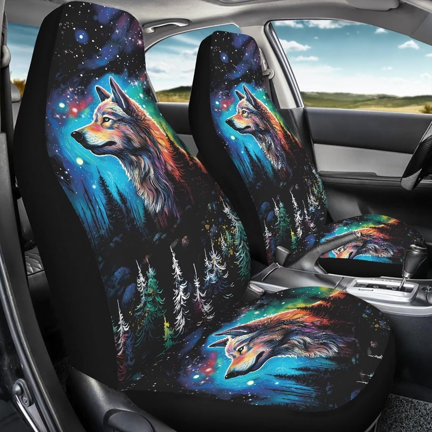 Galaxy Forest Wolf Print Car Seat Covers for Women Men, 2 Piece 3D Wolf Bucket Automotive Seat Protector Covers Universal Fit for SUV Sedan Van