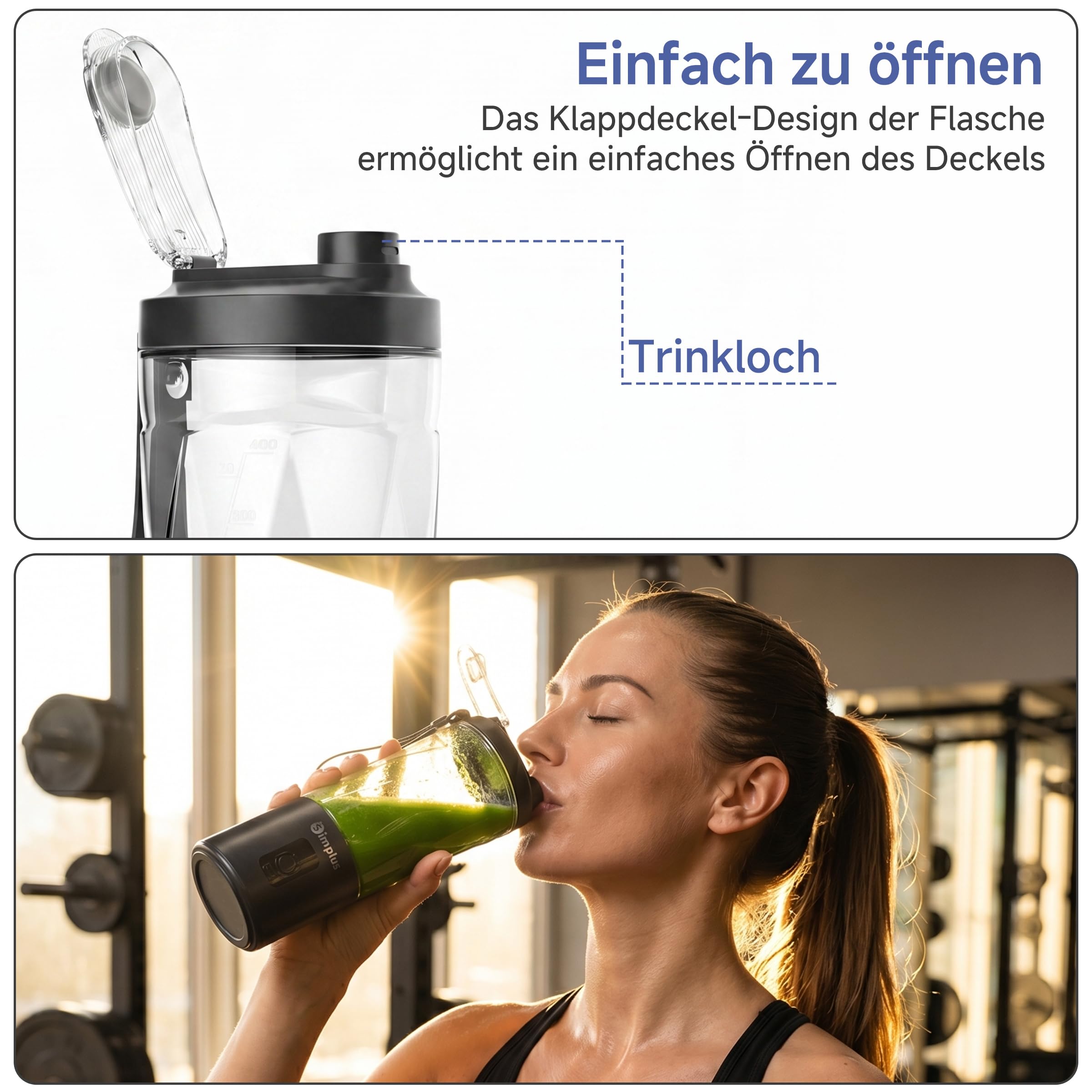 SIMPLUS Tragbarer Mixer 800ml Smoothie Maker To Go, USB-C Mini Mixer mit 6 Edelstahlklingen, kabelloser Blender für Shakes, Milchmixgetränke, weiche Früchte & kleine Eisstücke, BPA-frei
