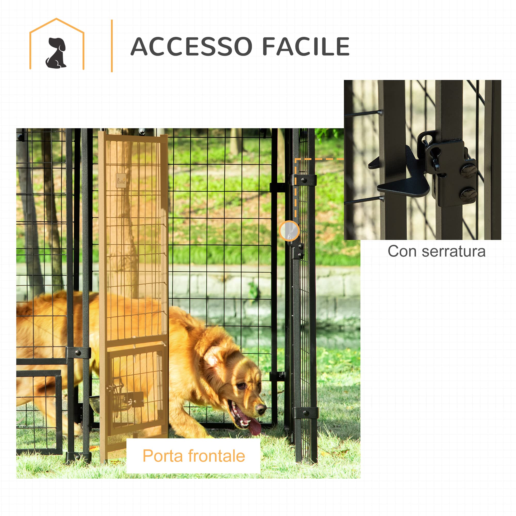 PawHut Recinto per Cani da Esterno con Serratura Kennel Nero e Rosso | Box per Animali in Acciaio, 2 Ciotole Girevoli, Copertura in Tessuto Oxford