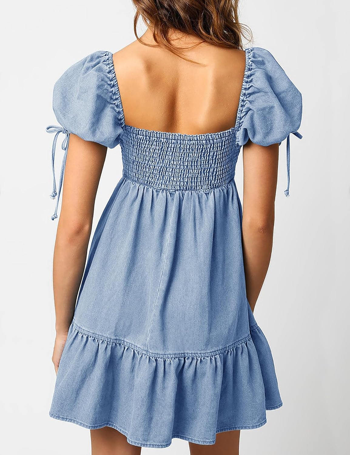 Denim Dress for Women Puff Short Sleeve Jean Dresses Sweetheart Neck Denim Mini Dress - Image 2