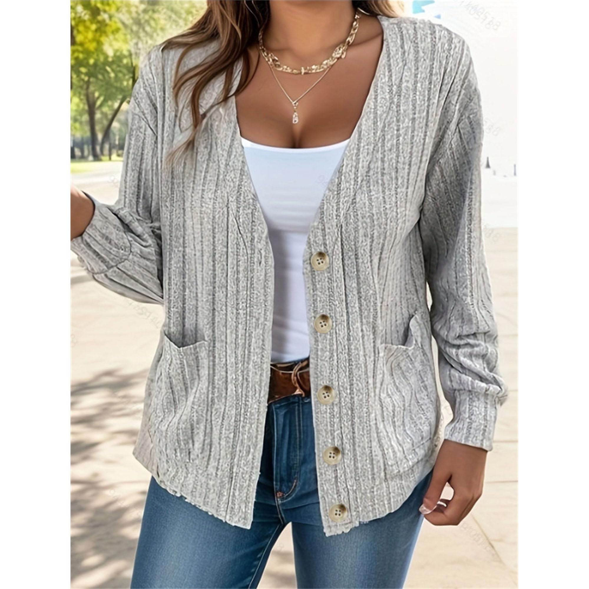 Women's V Neck Button Down Knit Cardigans Open Front Long Sleeve Cable Knit Outwear Coats Loose Cardigan Sweaters (Large,Grey)